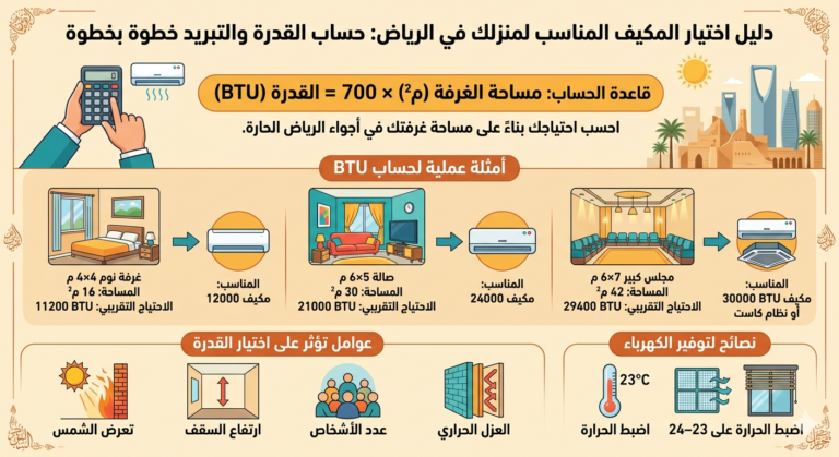 كيف تختار مكيف مناسب لحجم بيتك في الرياض؟ دليل حساب القدرة والتبريد خطوة بخطوة